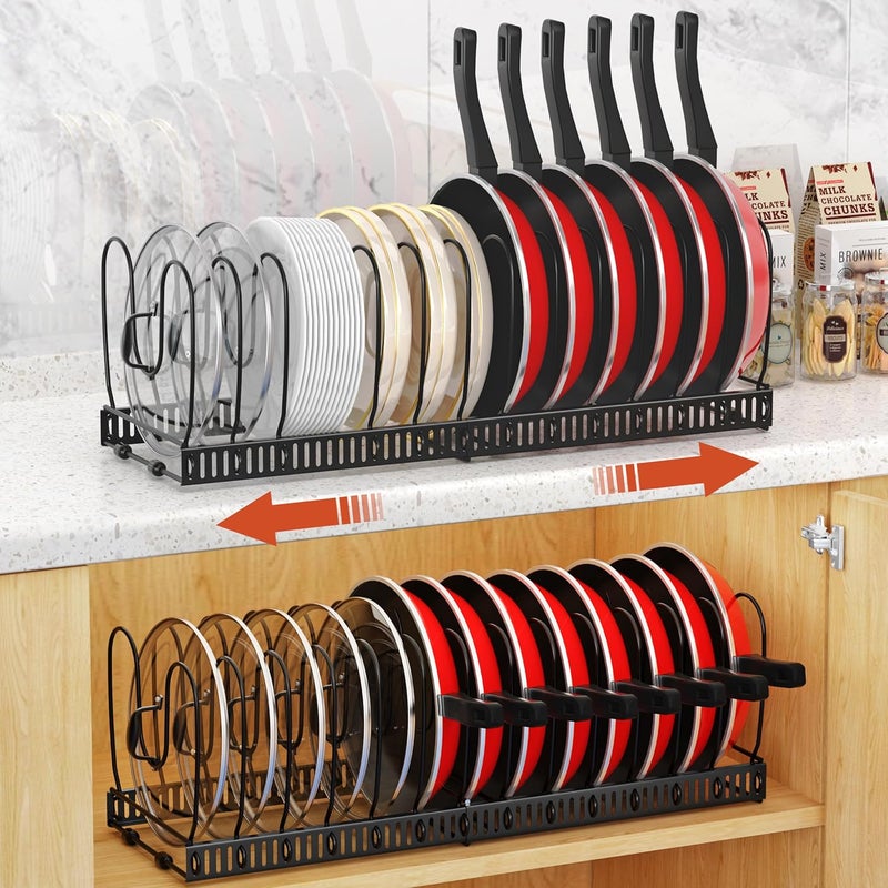 Housolution 2 Pack Pot and Pan Organizer Rack, 12"-23" Expandable Pot Lid Organizer with 14 Adjustable Dividers, Pan Holder Storage Rack for Kitchen Cabinet, Black - Image 1